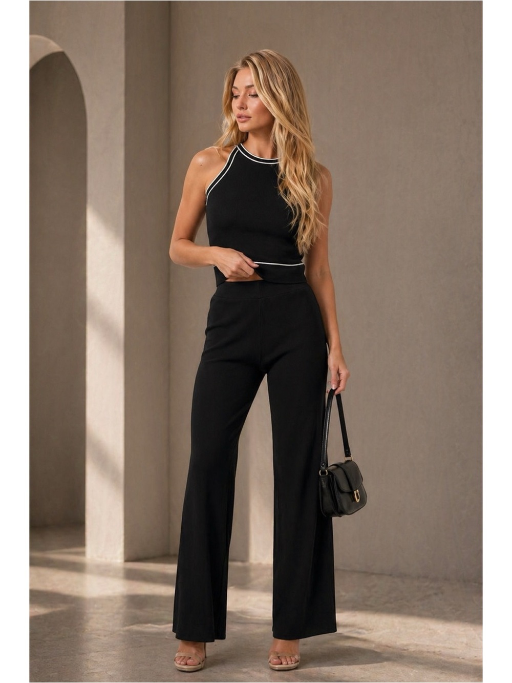 NWT Sleeveless Knit Top & Pant Set - Black with Contrast Trim